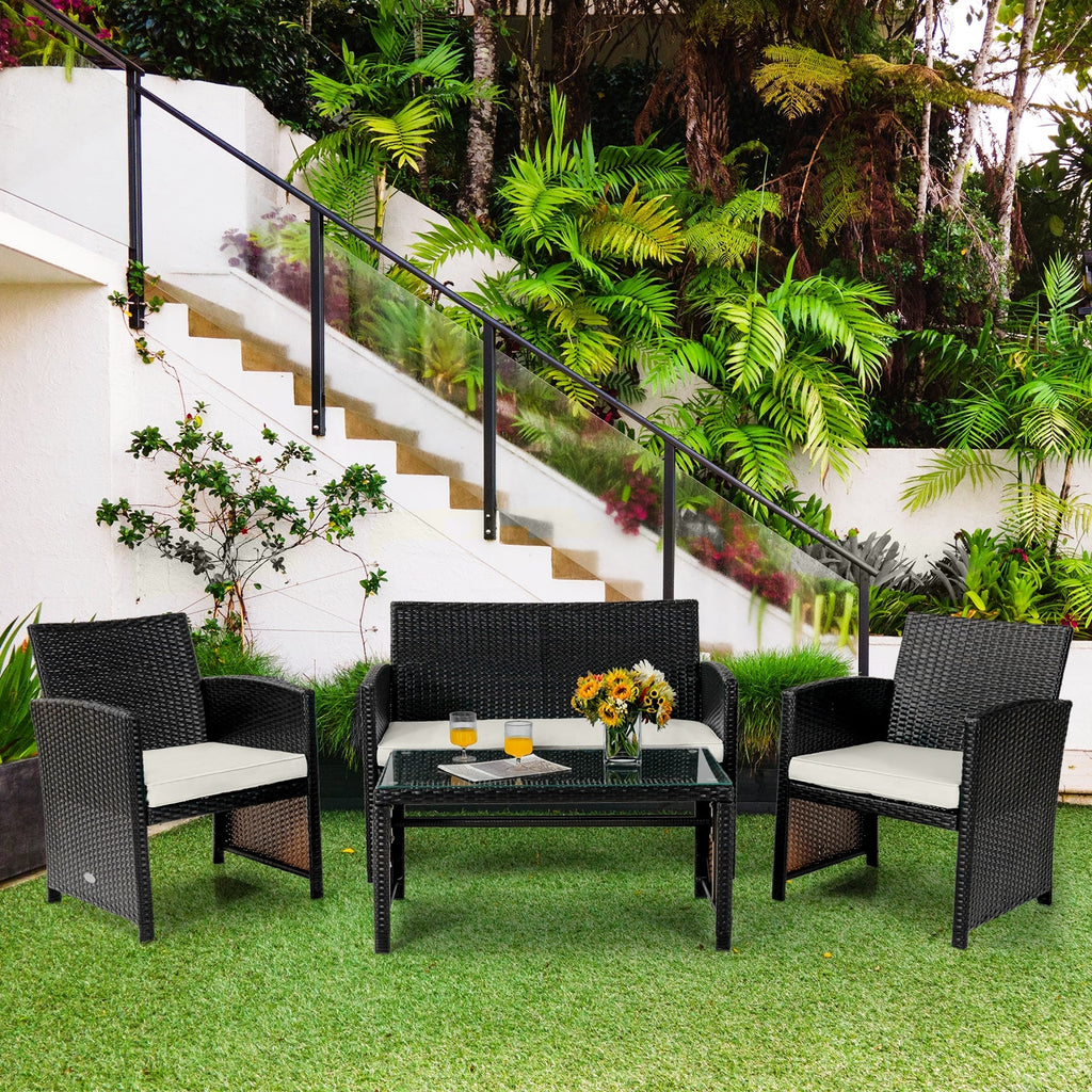 4 Pieces Patio Rattan Cushioned Furniture Set with Coffee Table-White